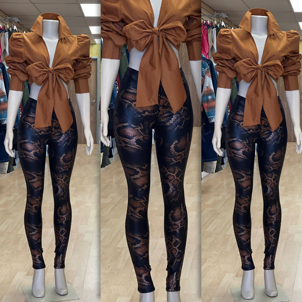 Faux Leather Design Twist Pants ( Brown)