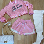Faux Leather Jogger With White Shorts (Pink)